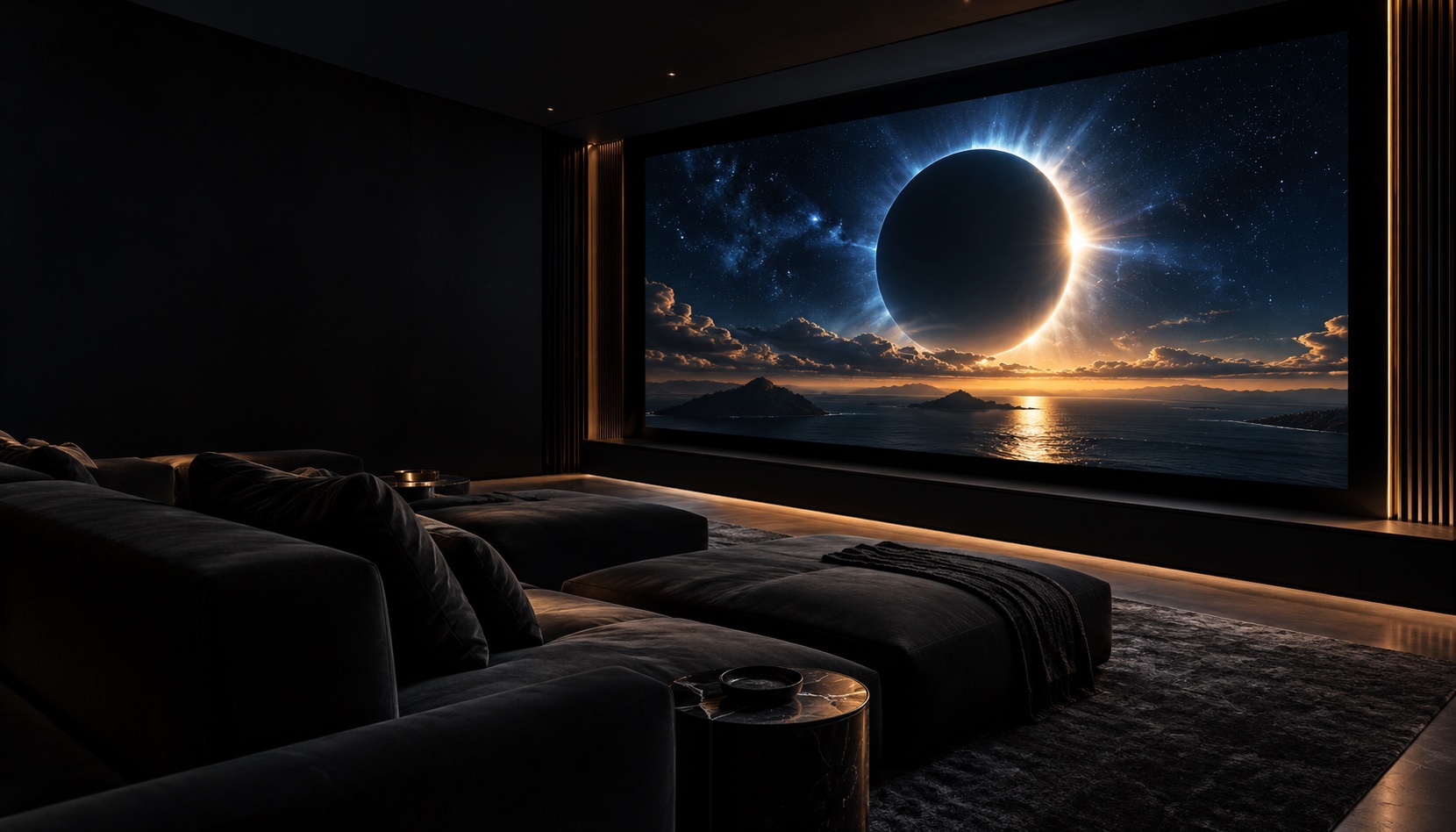 Conceptual dark home cinema illuminated by an eclipse scene